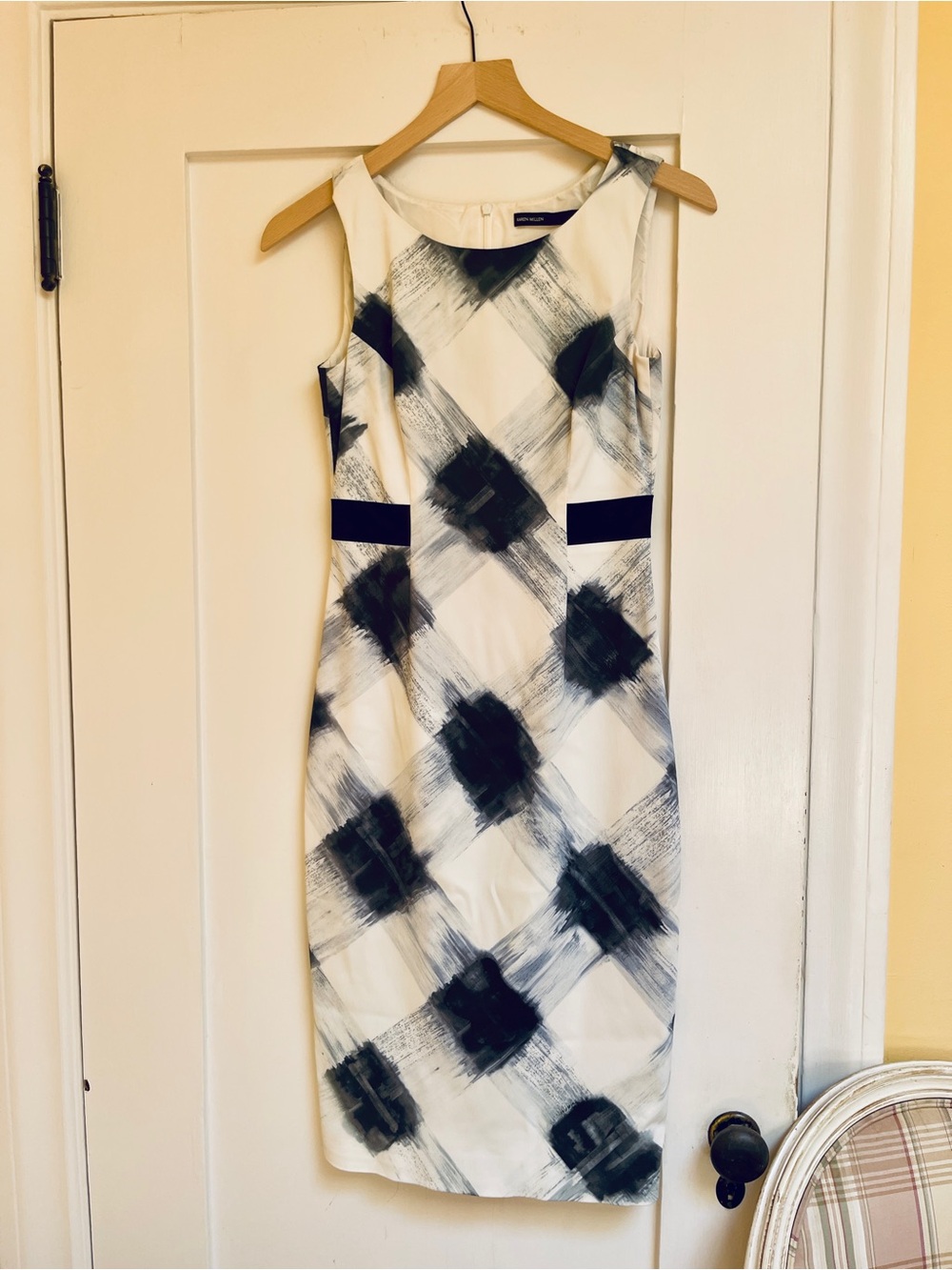 Karen Millen White Midi Sheath Dress with Black Brushstroke Plaid